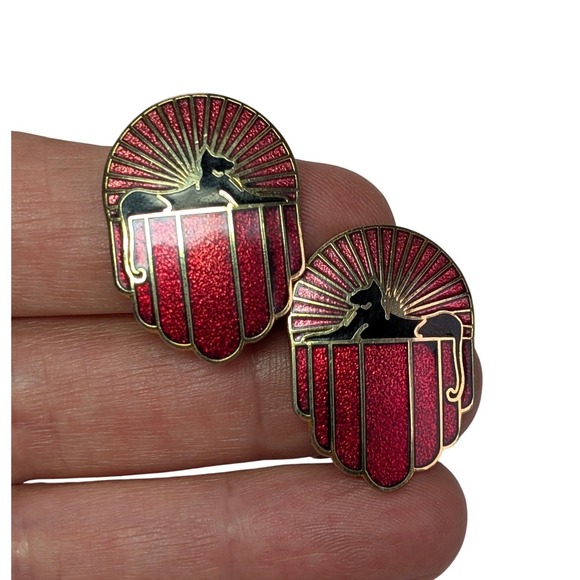 Roccoco Kaleidoscope Cat Clip On Earrings Red Enamel Cloisonne Art Deco Style - Picture 2 of 5